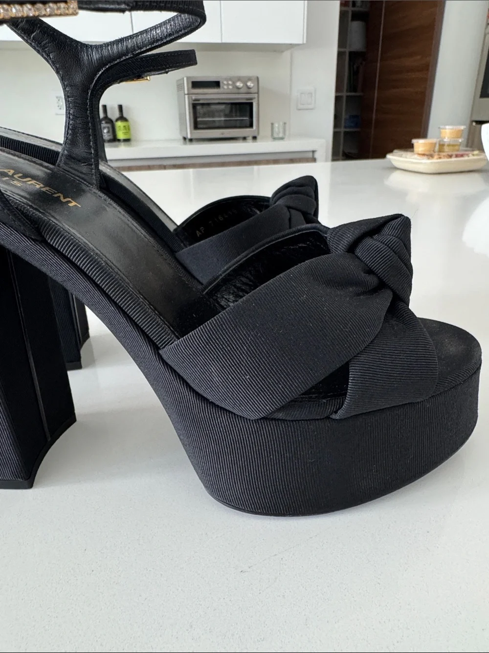 Saint Laurent Black Knotted Platform Heels with Gold Buckles
